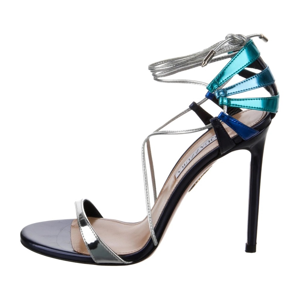 Aquazzura Bellissima 105 Blue & Silver Metallic Lace-Up Sandals Sz 40 | VGUC - Picture 4 of 12
